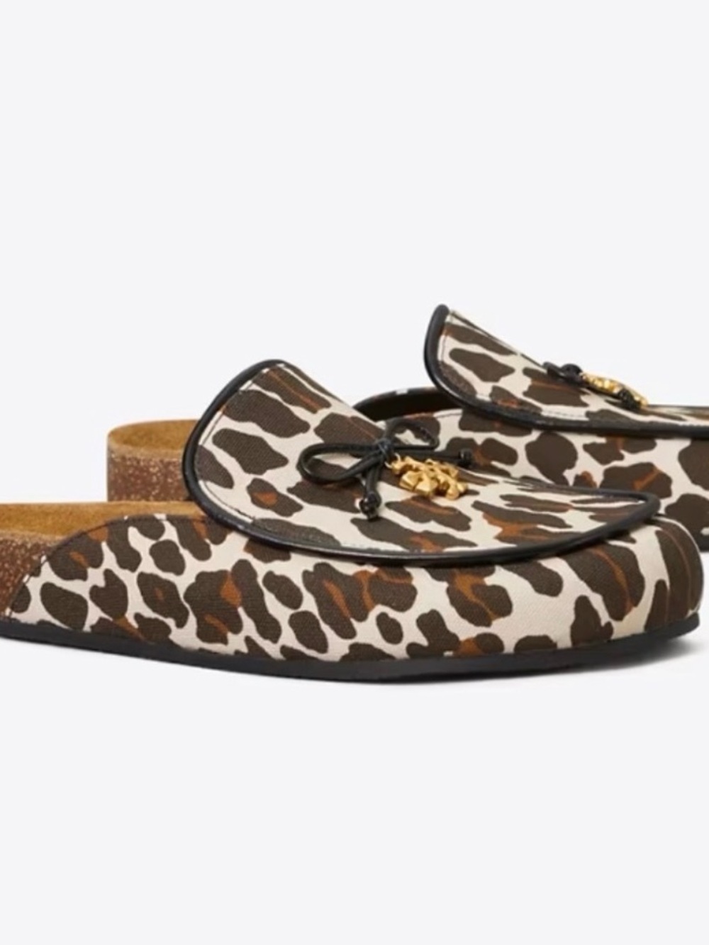 Tory Burch Leopard Print Tory Mules Slip-On with Gold Accent Reva Leopard Canvas